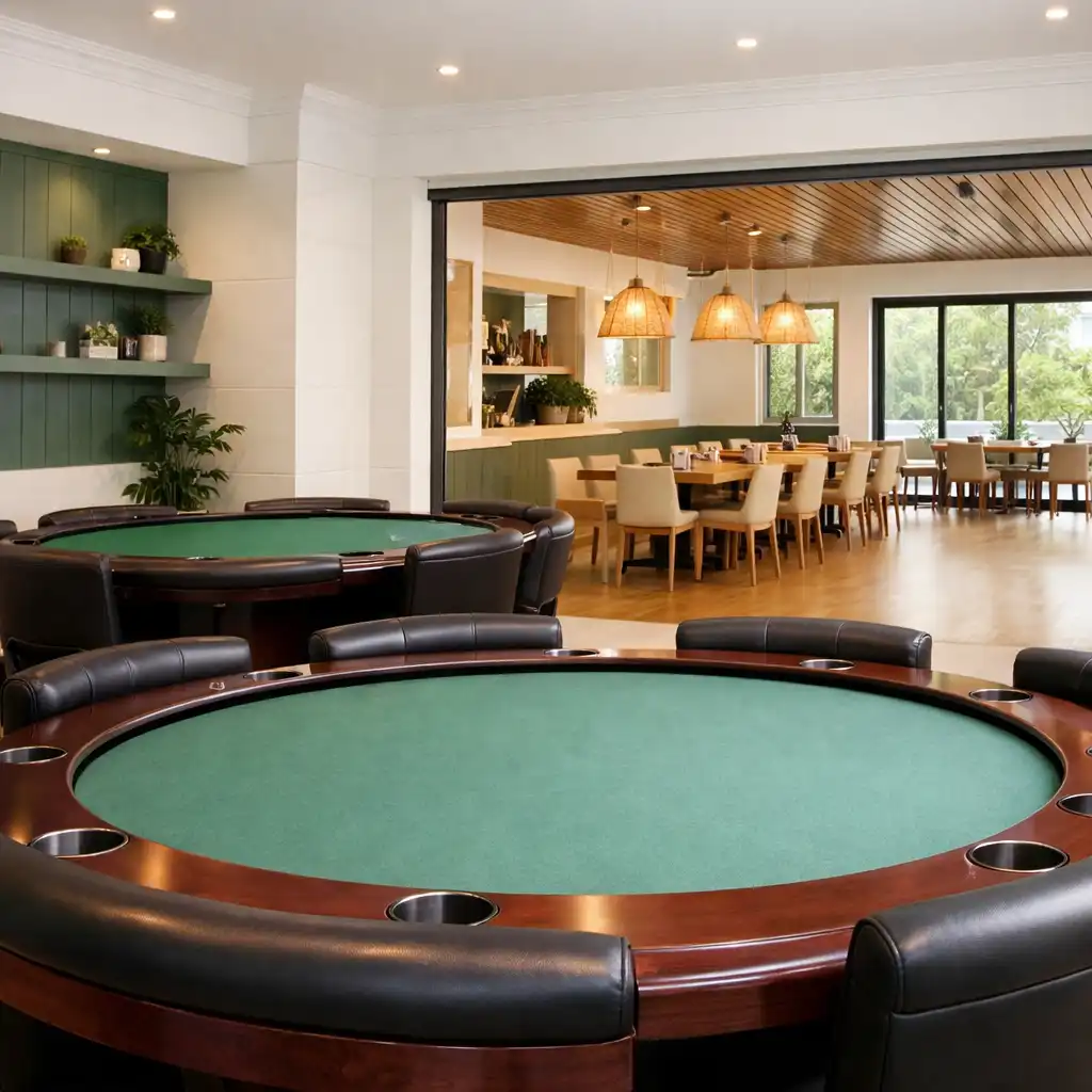 Bright daylight interior of the Card Lounge showing architectural details and empty poker tables
