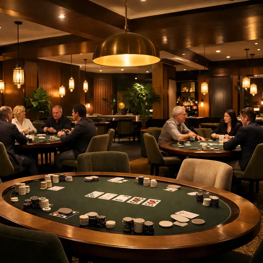The Card Lounge at Royal Pavilion Club in the evening, with warm lighting and guests at poker tables