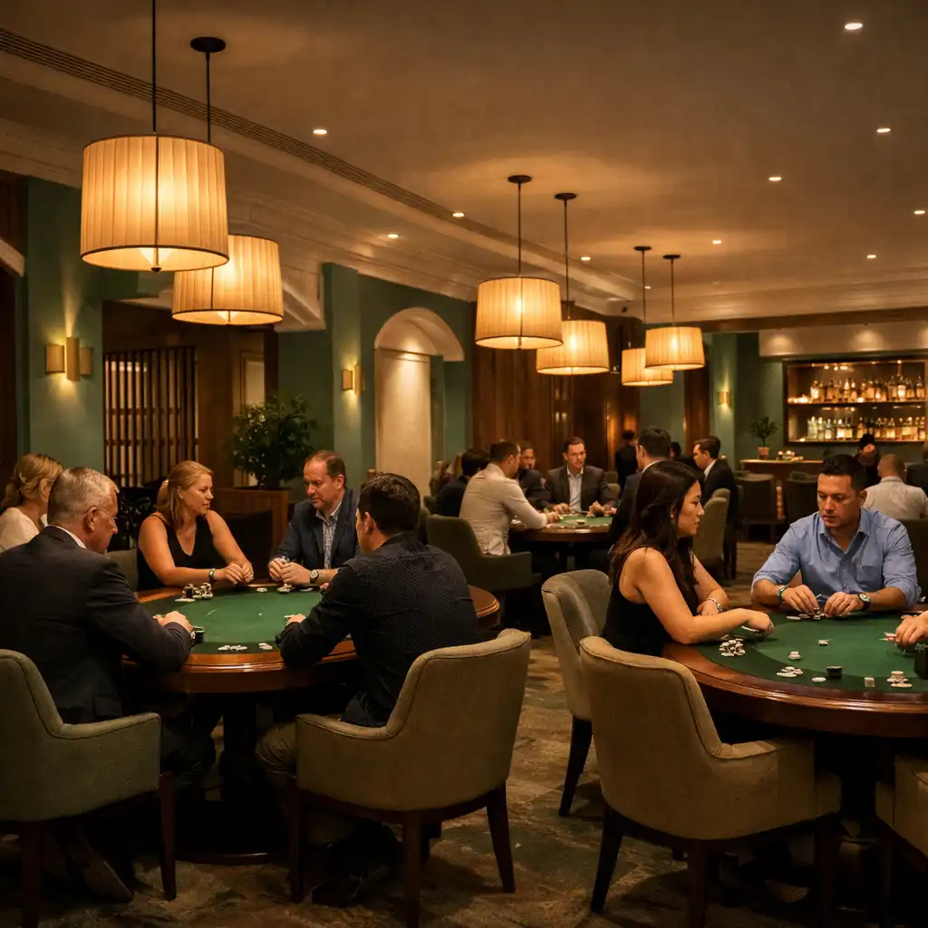 Warmly lit Card Lounge with physical poker tables and guests playing face-to-face