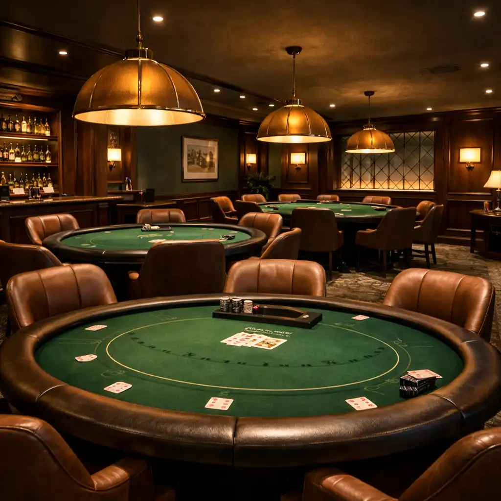 Interior of the premium Card Lounge with physical poker tables, plush chairs, and warm ambient lighting
