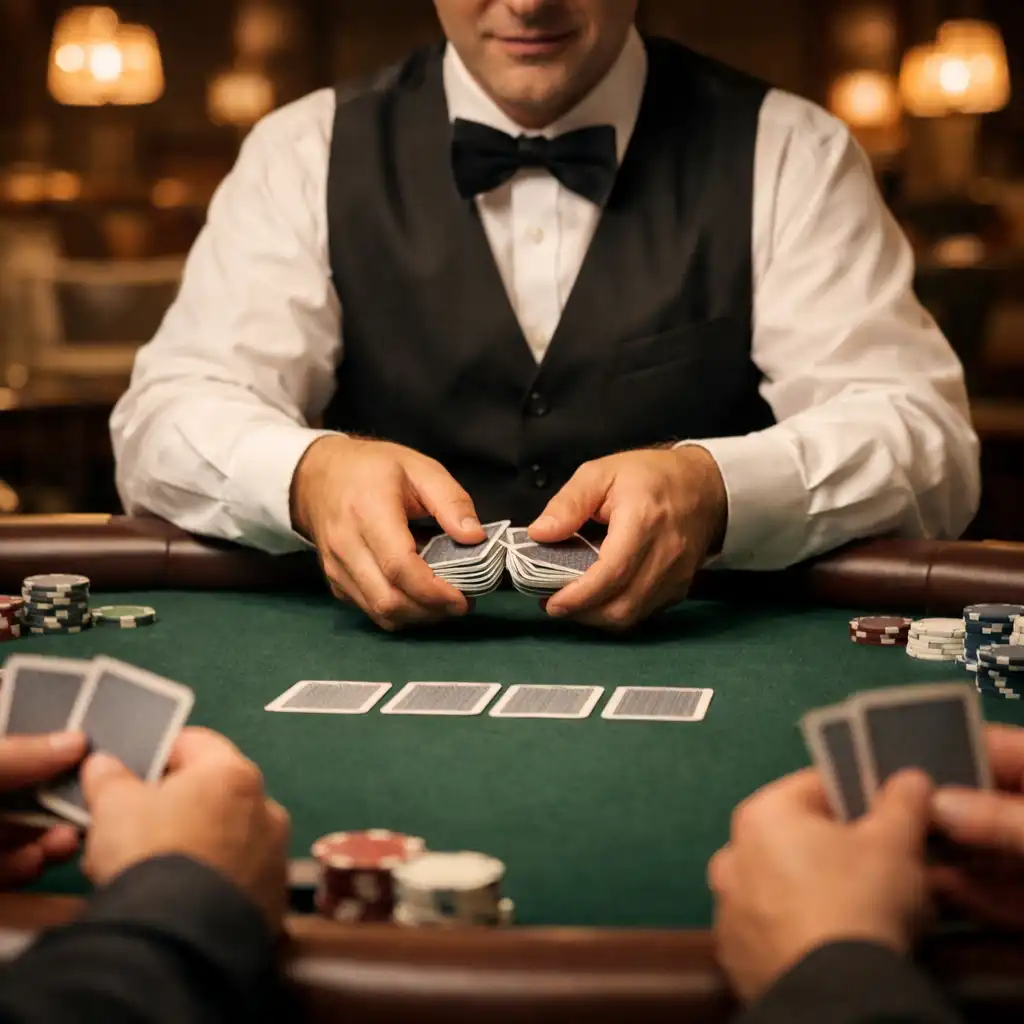 Professional dealer shuffling cards at a poker table in the Card Lounge with warm pendant lights and blurred lounge seating
