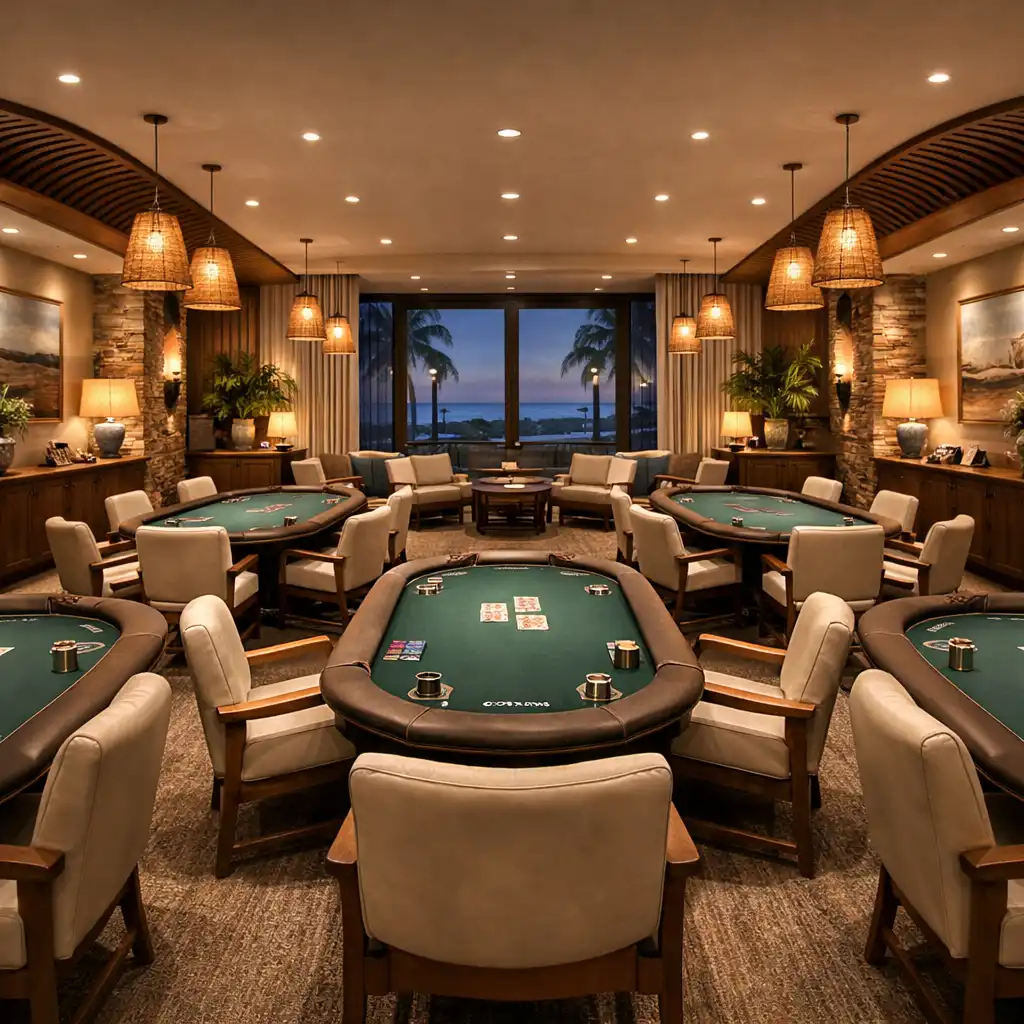 Wide view of the Card Lounge with multiple handcrafted poker tables and warm pendant lighting