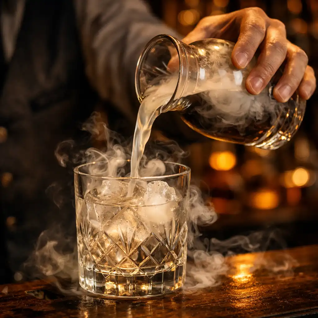 Bartender crafting a smoked cocktail in a moody bar