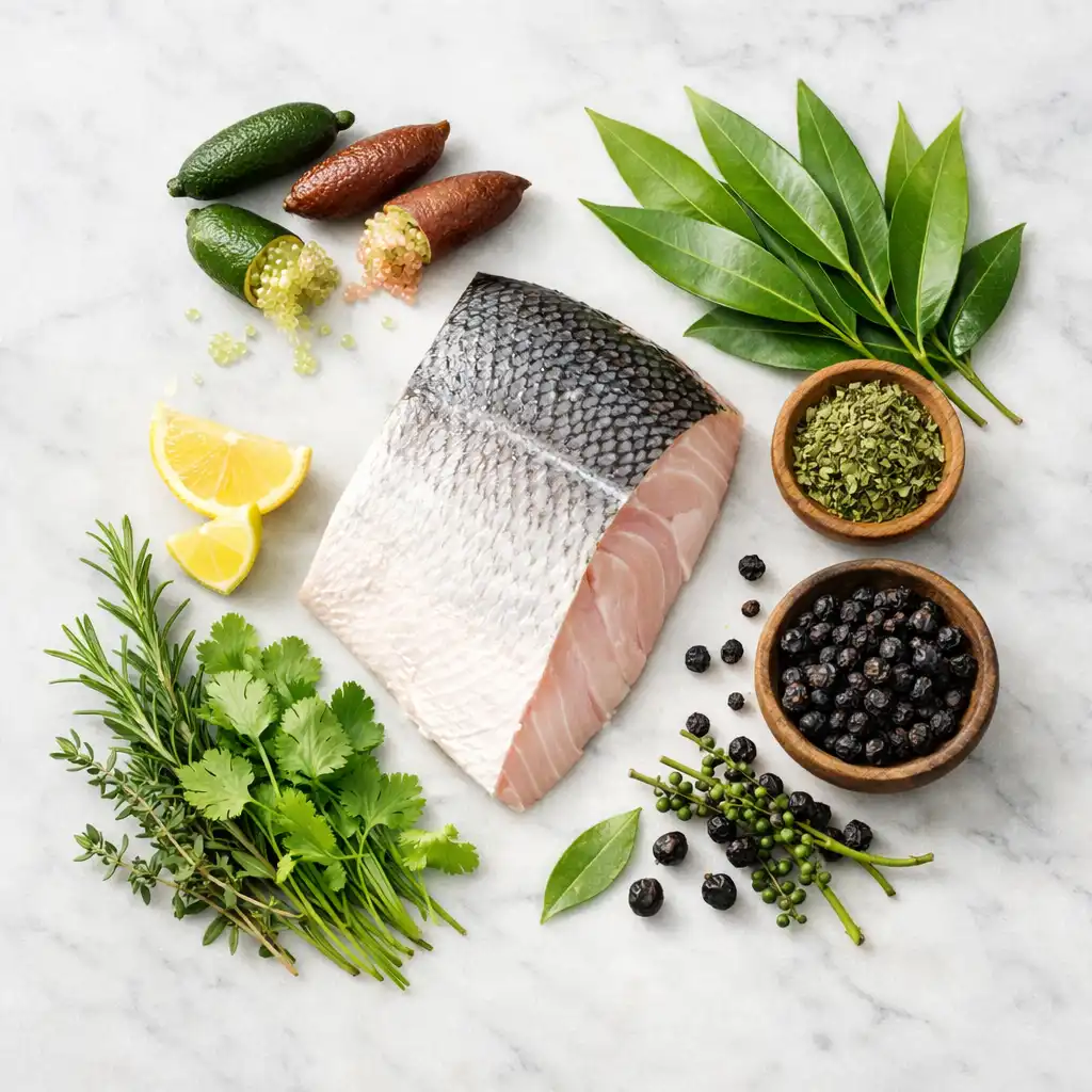 Fresh Australian ingredients including barramundi, finger limes, and native herbs