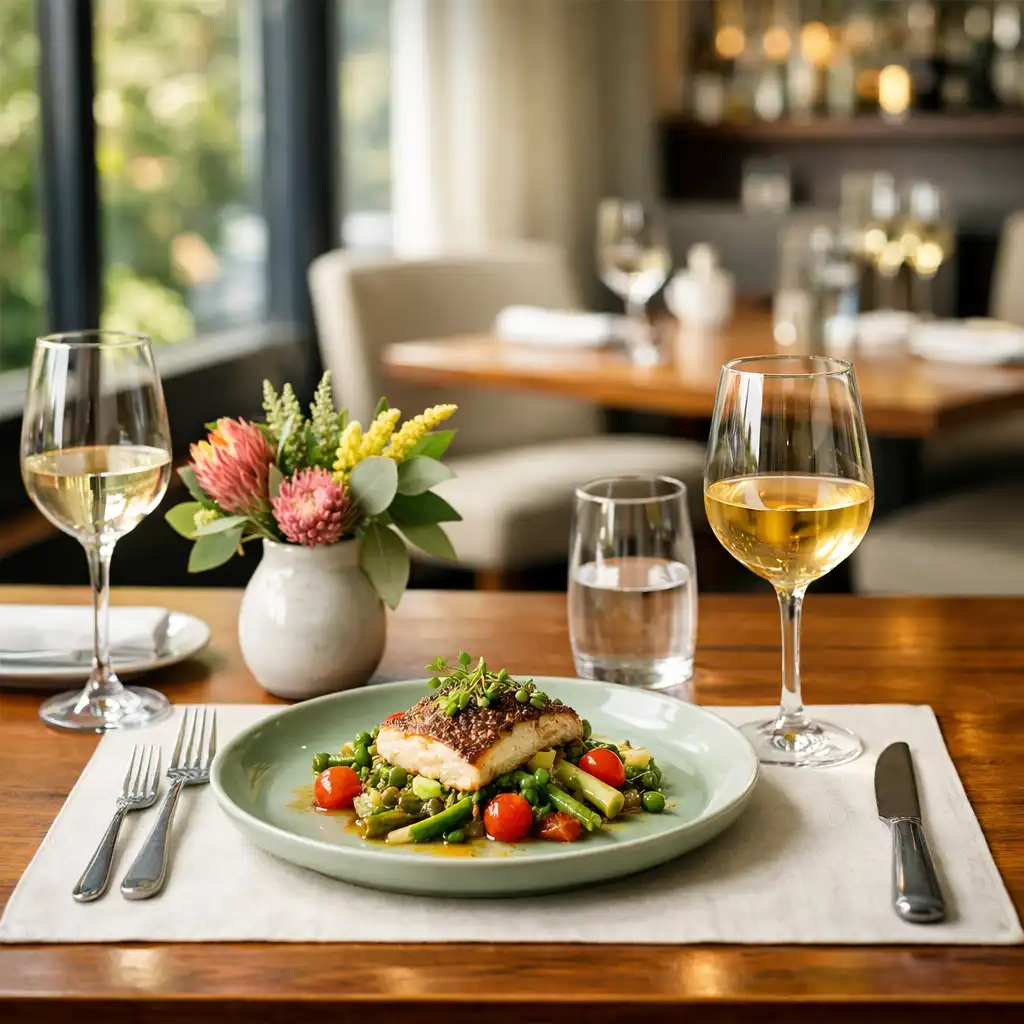 An elegantly set dining table at Royal Pavilion Club with modern Australian cuisine