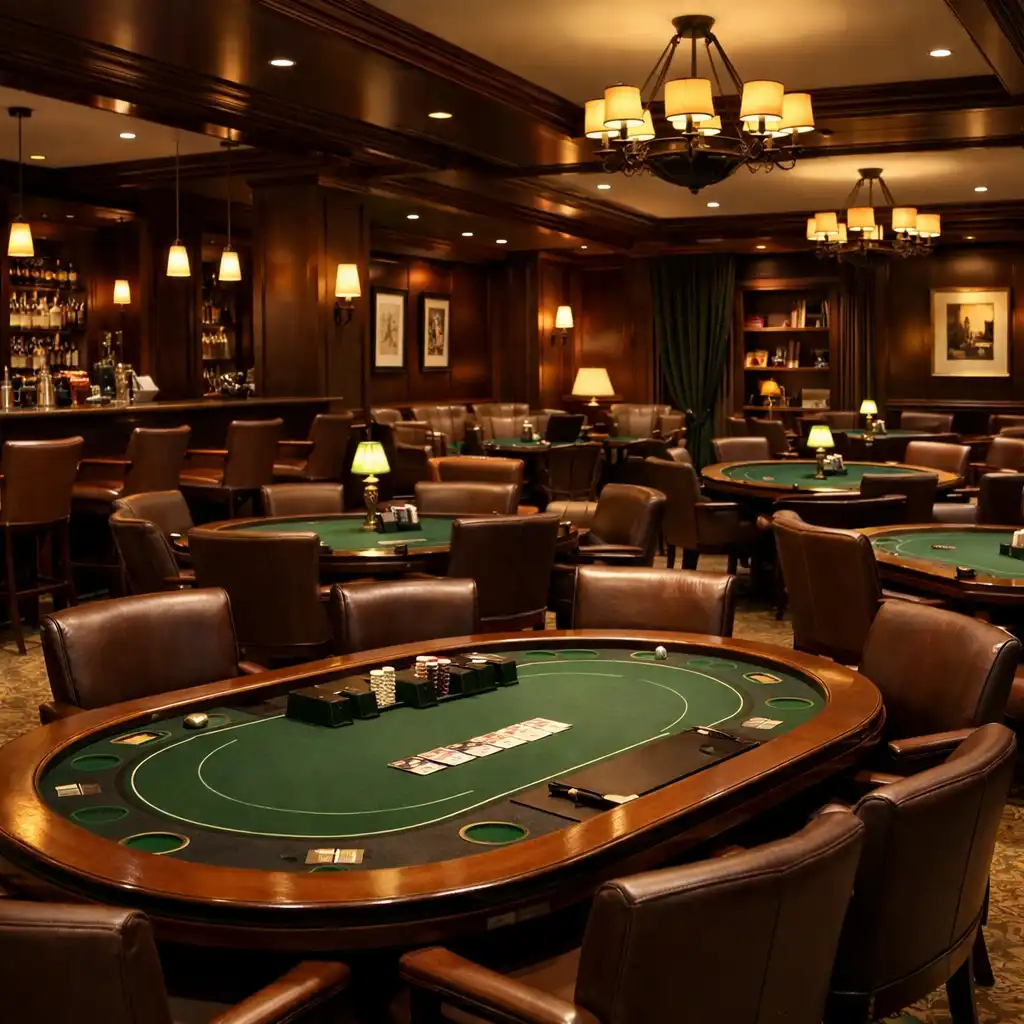 Premium card lounge with multiple poker tables and warm lighting