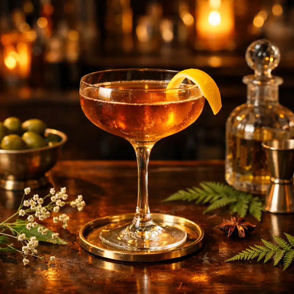 Crafted cocktail in a coupe glass with citrus twist on a bar counter