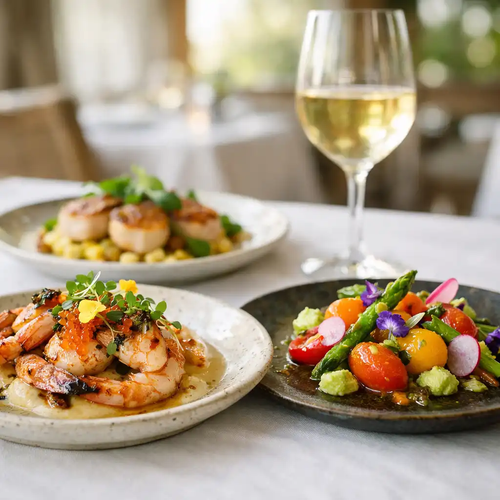 Beautifully plated modern Australian dishes on a white tablecloth in the Royal Pavilion Club dining room