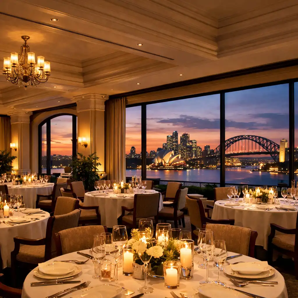 Dining room at dusk with elegant table settings and Sydney skyline