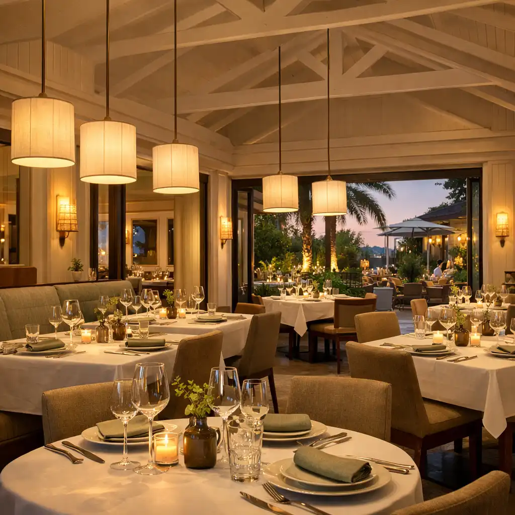 Elegant restaurant interior at Royal Pavilion Club with warm evening lighting and refined table settings
