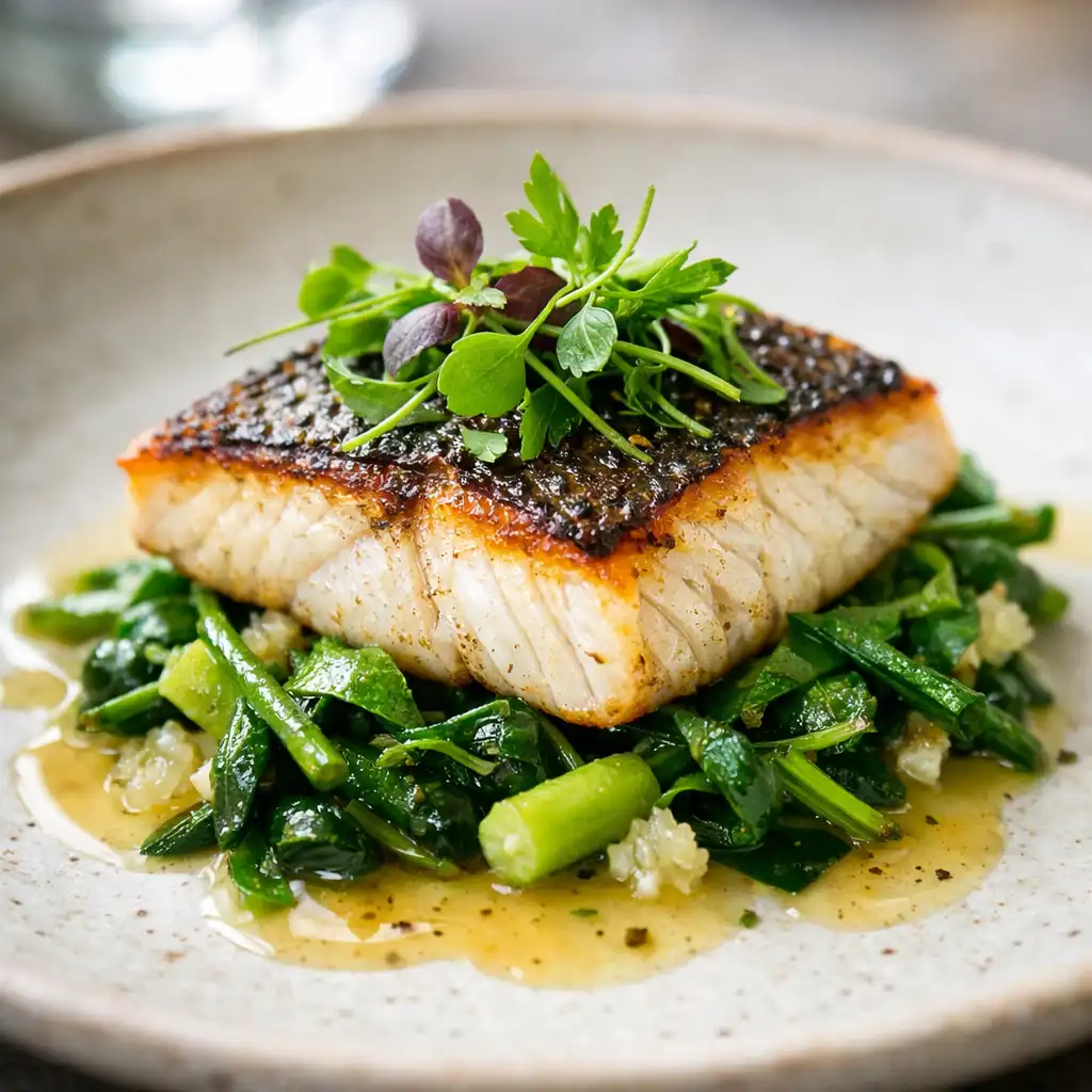 Beautifully plated contemporary Australian dish with seared barramundi and native greens