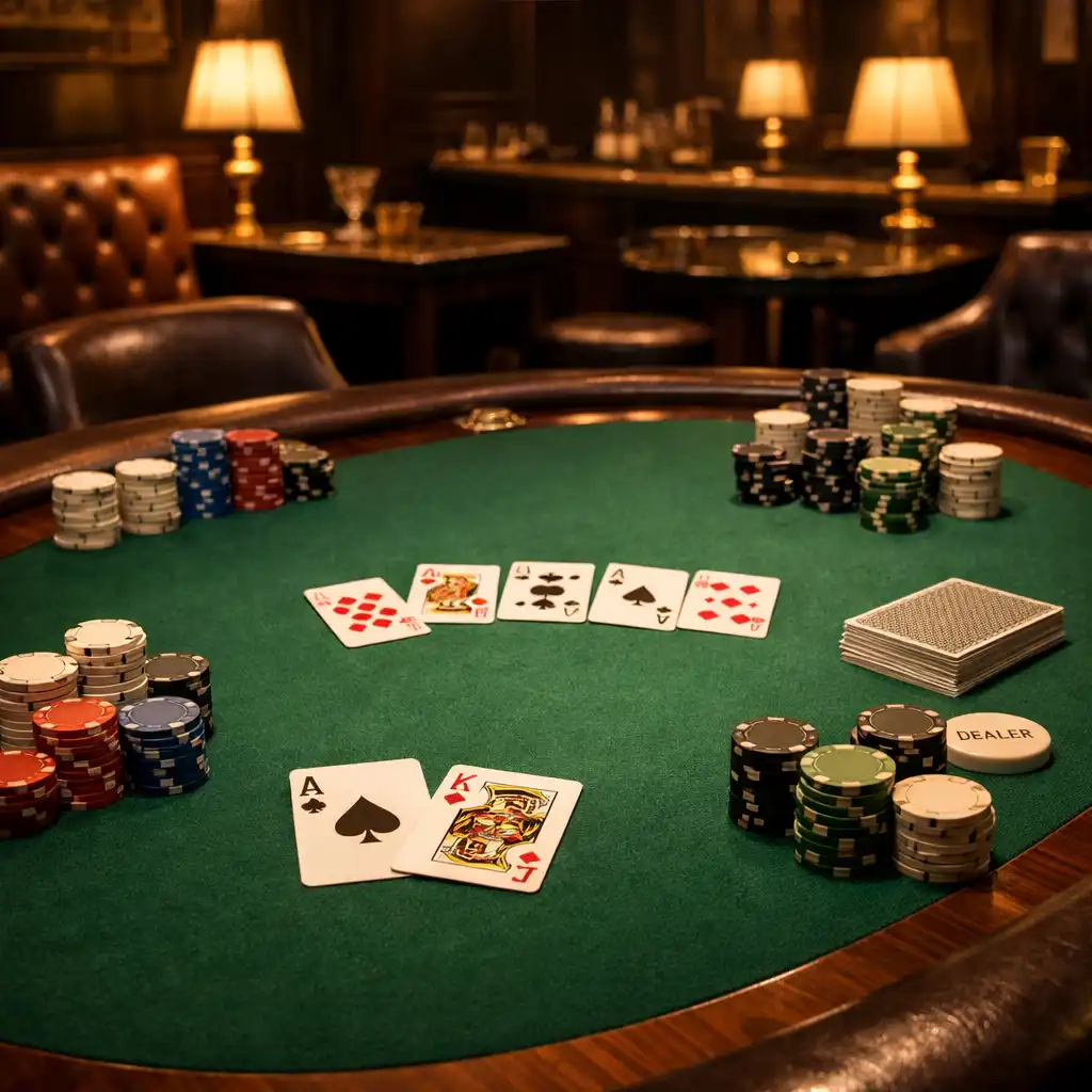 Elegant poker table with green felt and cards in a dimly lit lounge