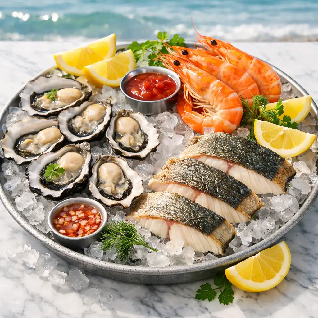 Fresh seafood platter with oysters, prawns, and barramundi on ice