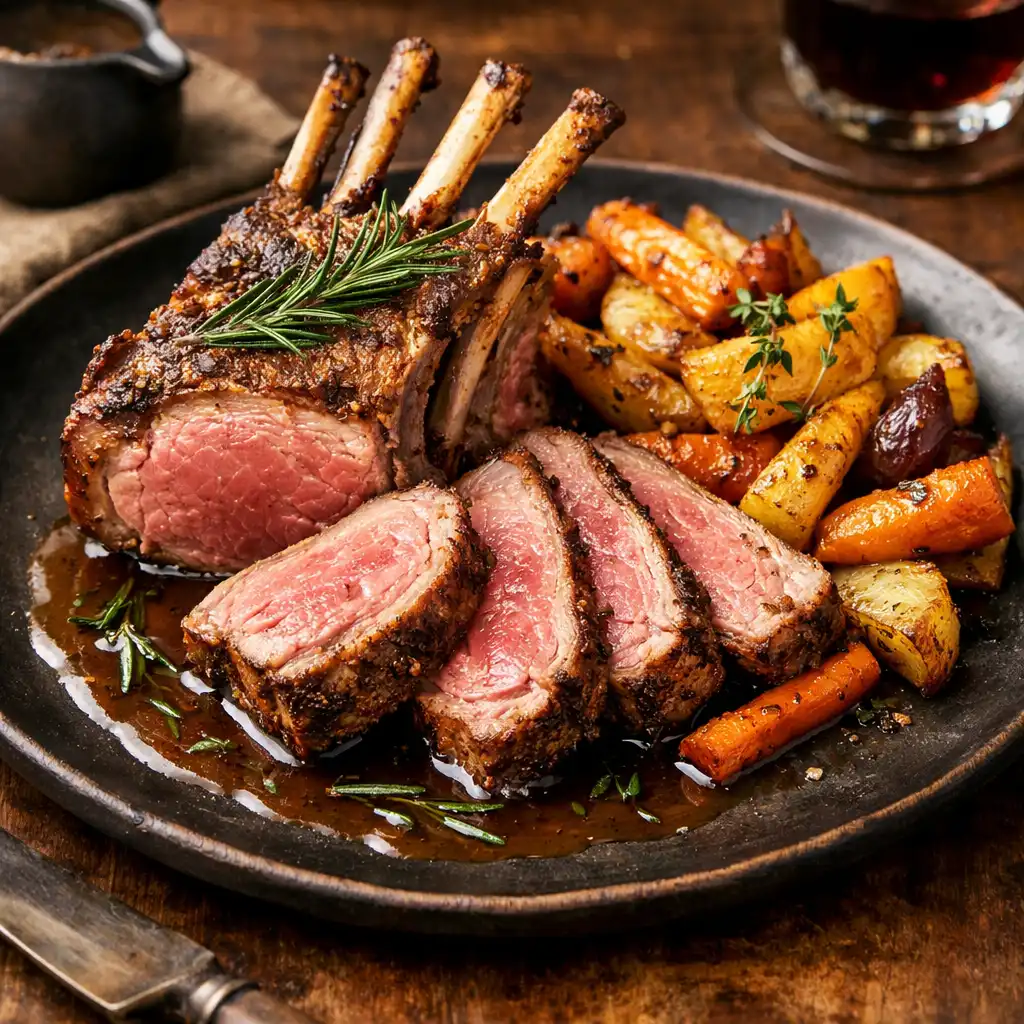 Slow-roasted lamb rack with rosemary jus and seasonal root vegetables