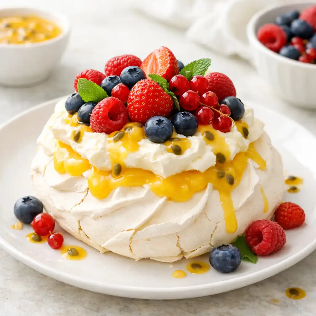 Pavlova with passionfruit curd and seasonal berries