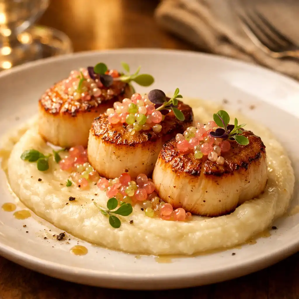 Seared scallops with finger lime pearls on cauliflower puree
