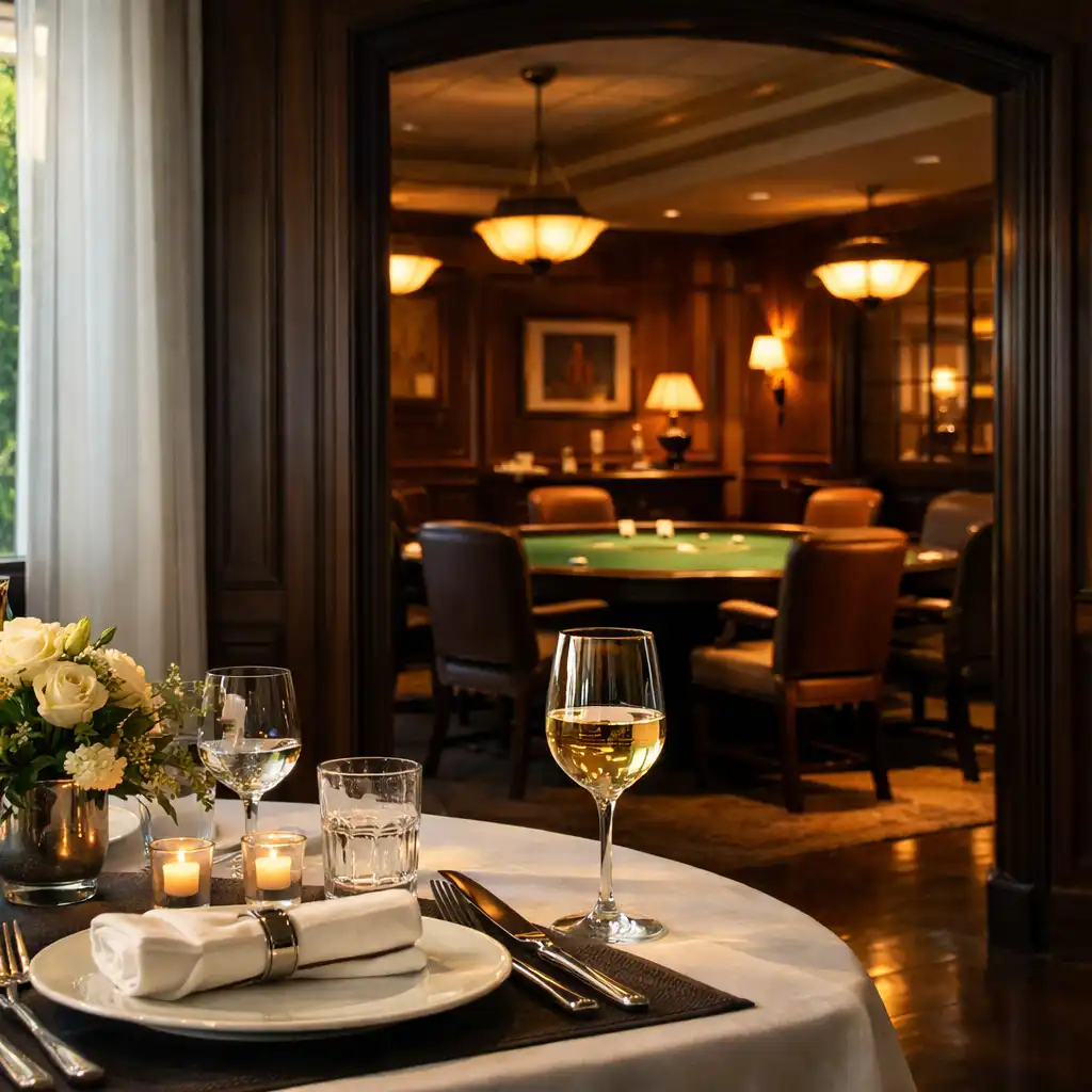 Elegantly set dining table in the foreground with the Card Lounge visible beyond