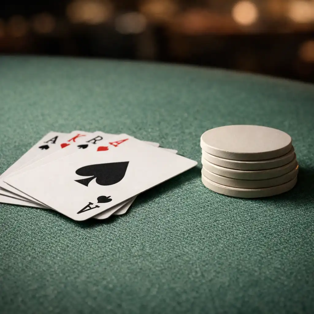 Close-up of eucalyptus poker felt with fanned playing cards and neutral chips