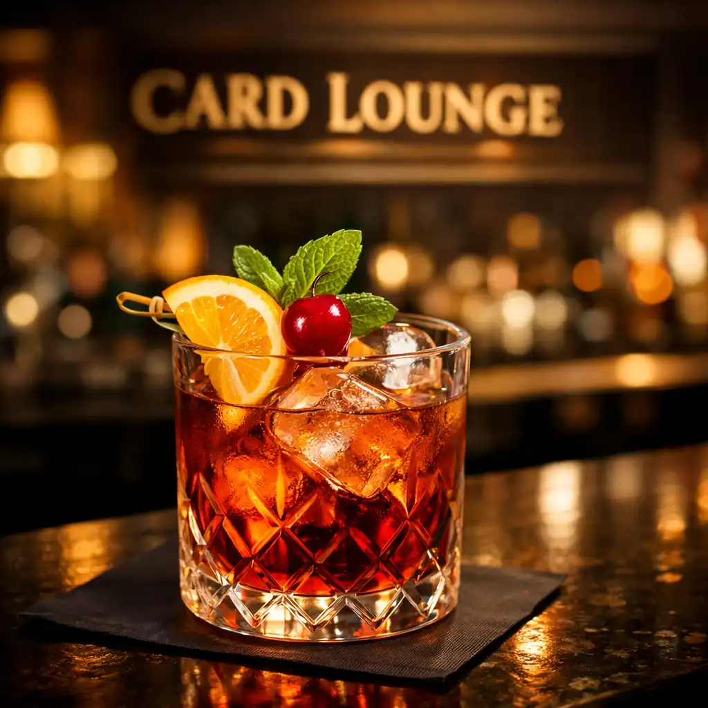Crafted cocktail on a bar counter with a blurred Card Lounge background and warm moody lighting