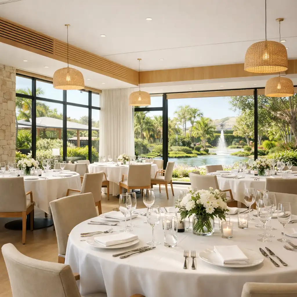 Bright and airy dining room with natural light, elegant table settings, and a view of the landscaped courtyard