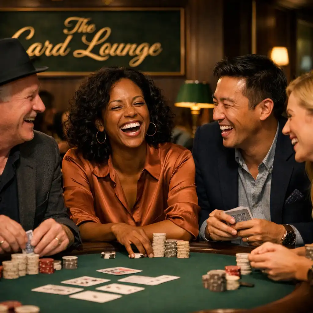 Guests laughing and engaged in face-to-face poker at a Card Lounge table