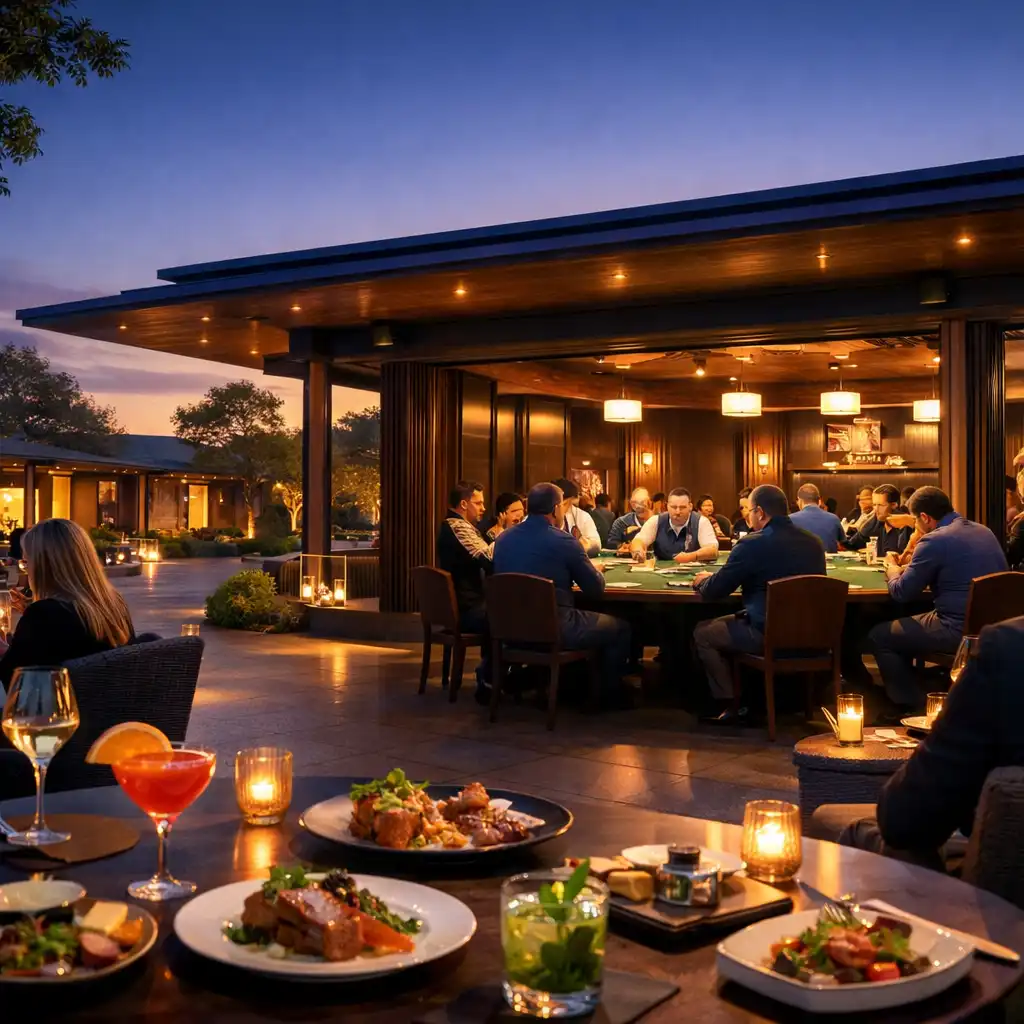 Royal Pavilion Club at dusk, showing elegant dining tables transitioning into a warmly lit card lounge with physical poker tables