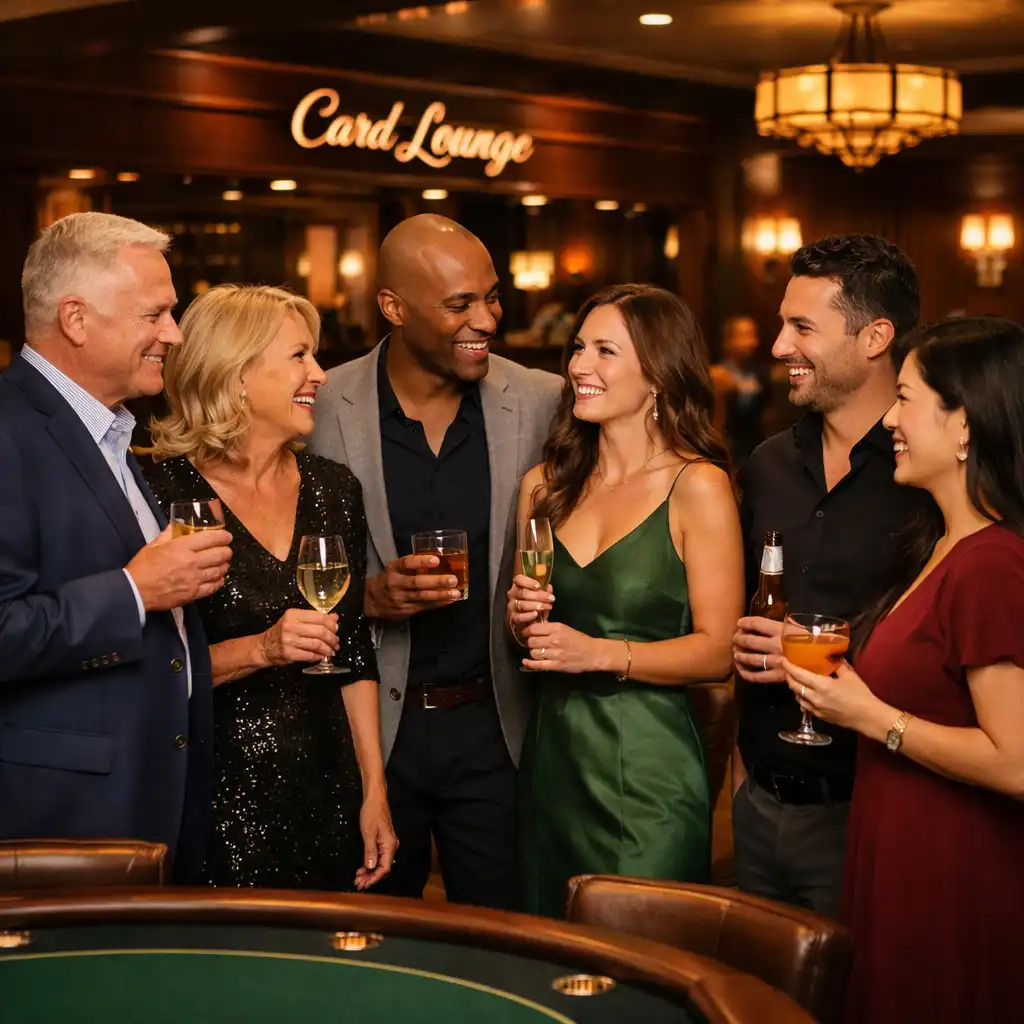 Guests chatting and smiling near the poker tables in the Card Lounge