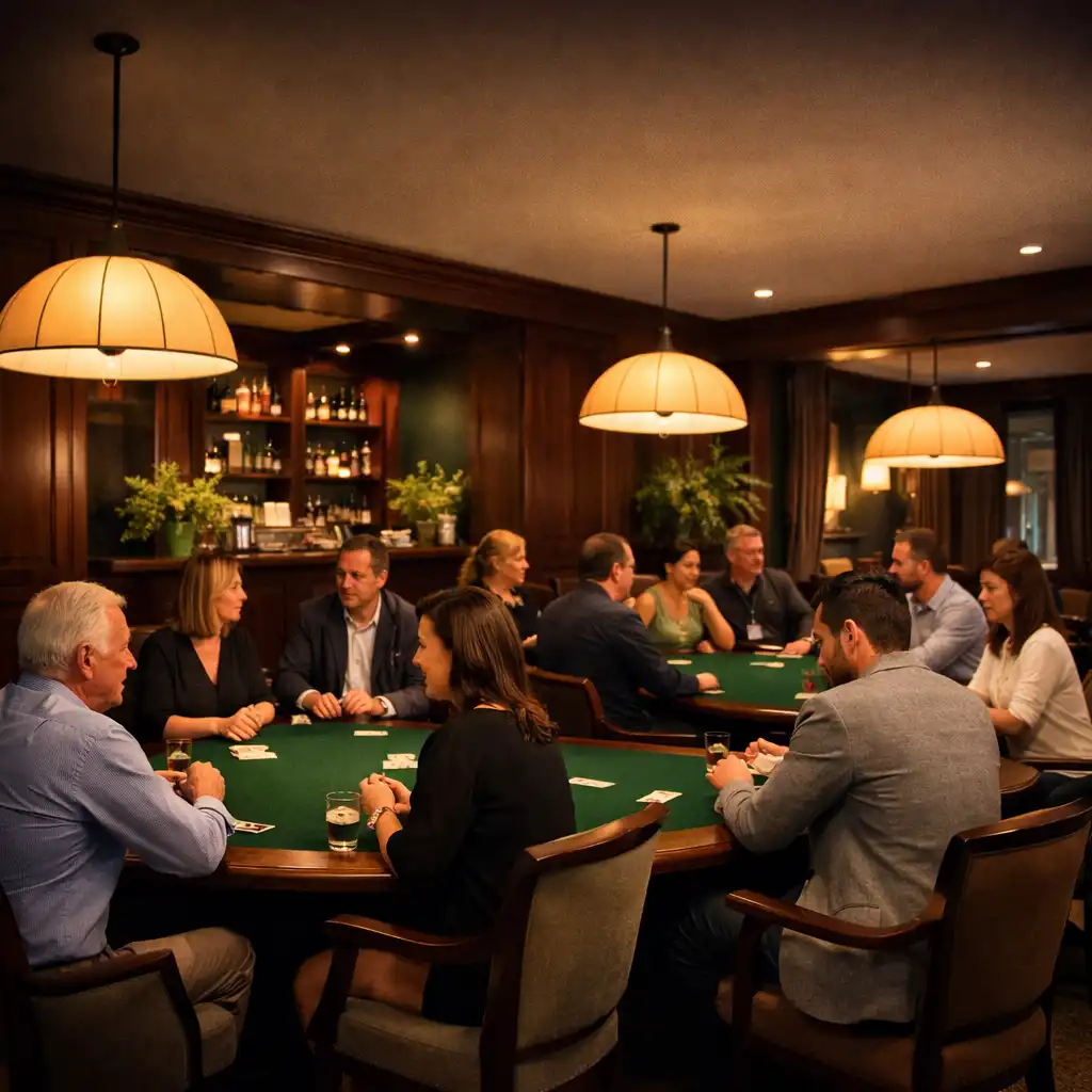 Elegant Card Lounge at Royal Pavilion Club with guests playing face-to-face poker at green felt tables under warm pendant lighting