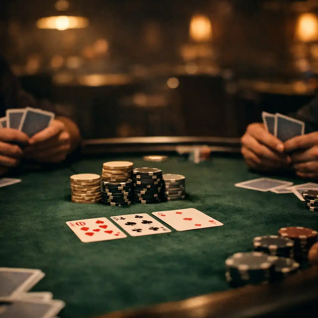 Physical poker table in the Card Lounge with players' hands holding cards and neutral chips