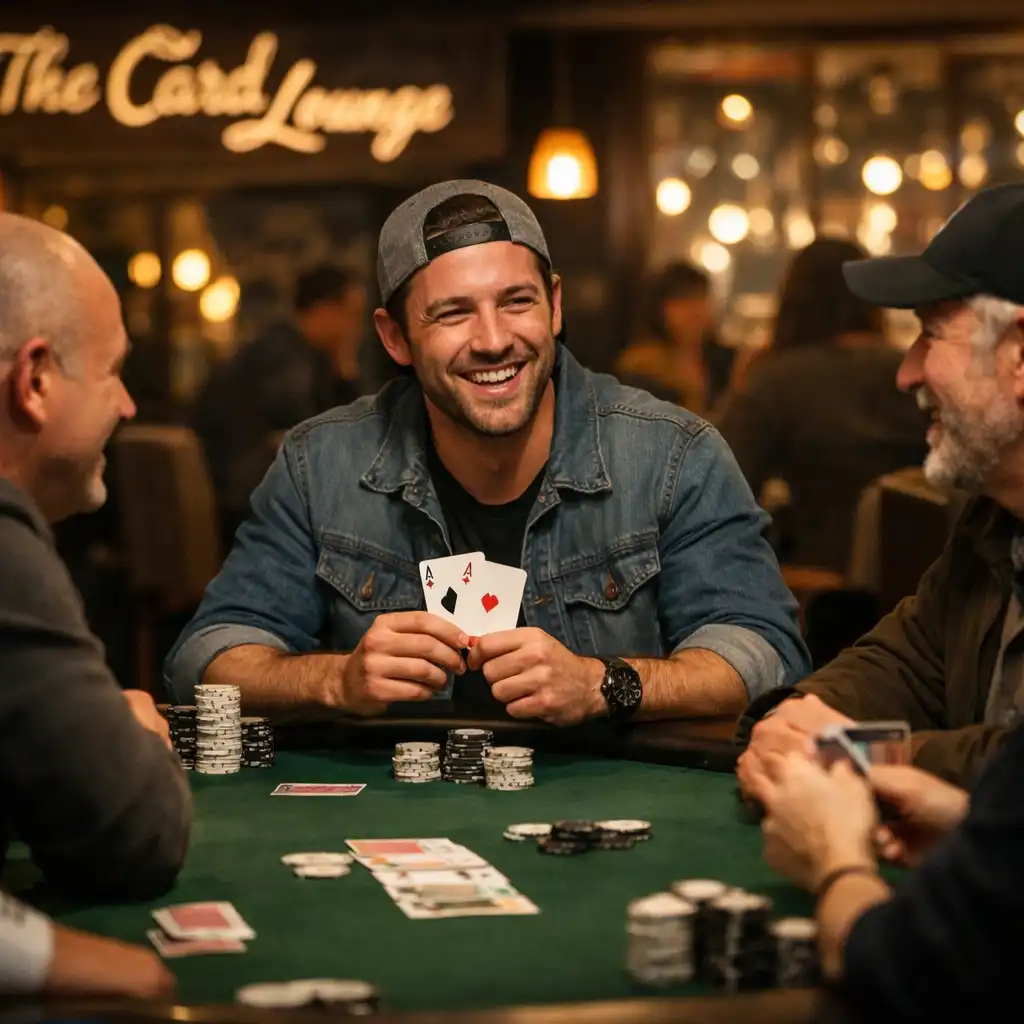 Poker night in progress at a physical table with players engaged in face-to-face play under warm lighting