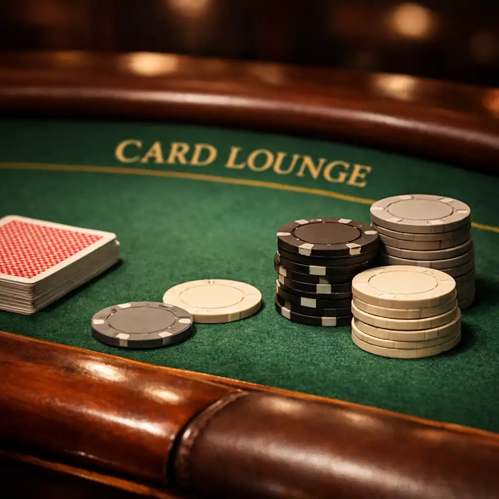 Close-up of a premium poker table surface with green felt, playing cards, and neutral chips