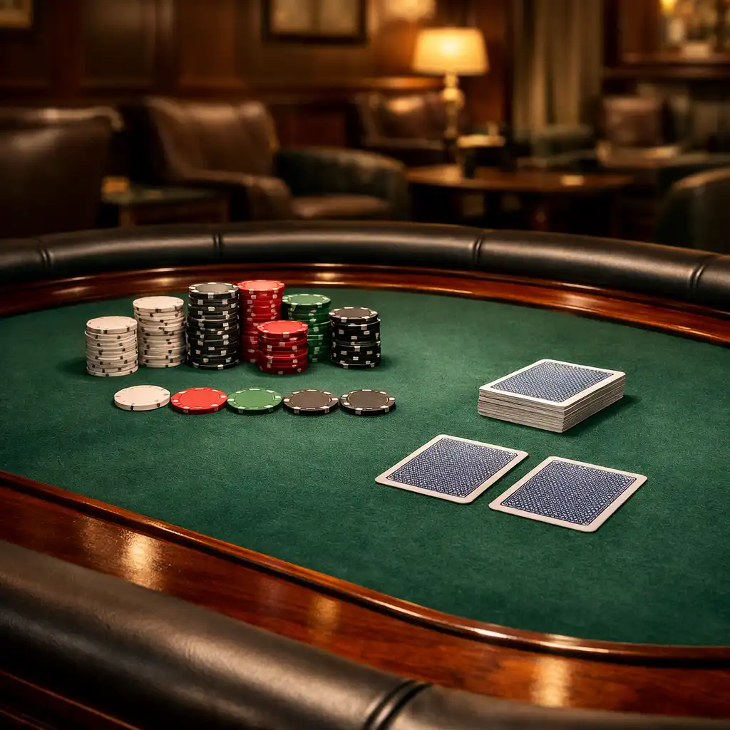 Handcrafted poker table with eucalyptus felt and dark mahogany rail in the Card Lounge at Royal Pavilion Club