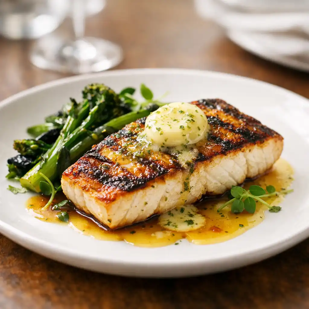 Grilled barramundi with lemon myrtle butter and charred greens
