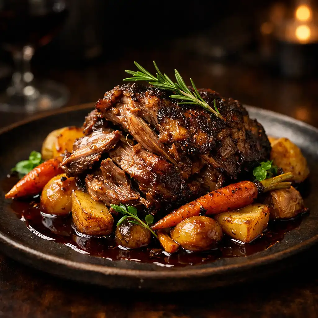 Slow-roasted lamb shoulder with native pepper and rosemary