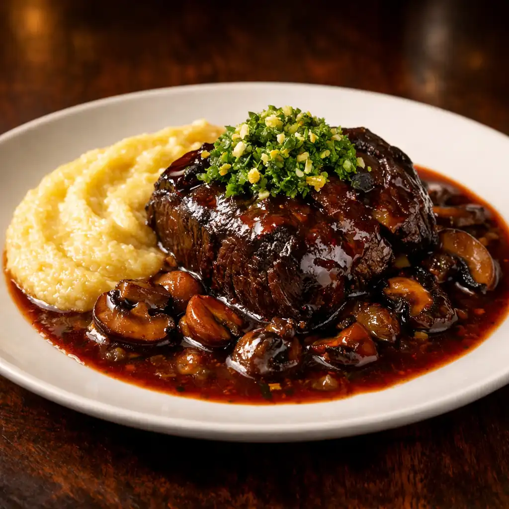 Braised Wagyu beef cheek with red wine and mushroom sauce