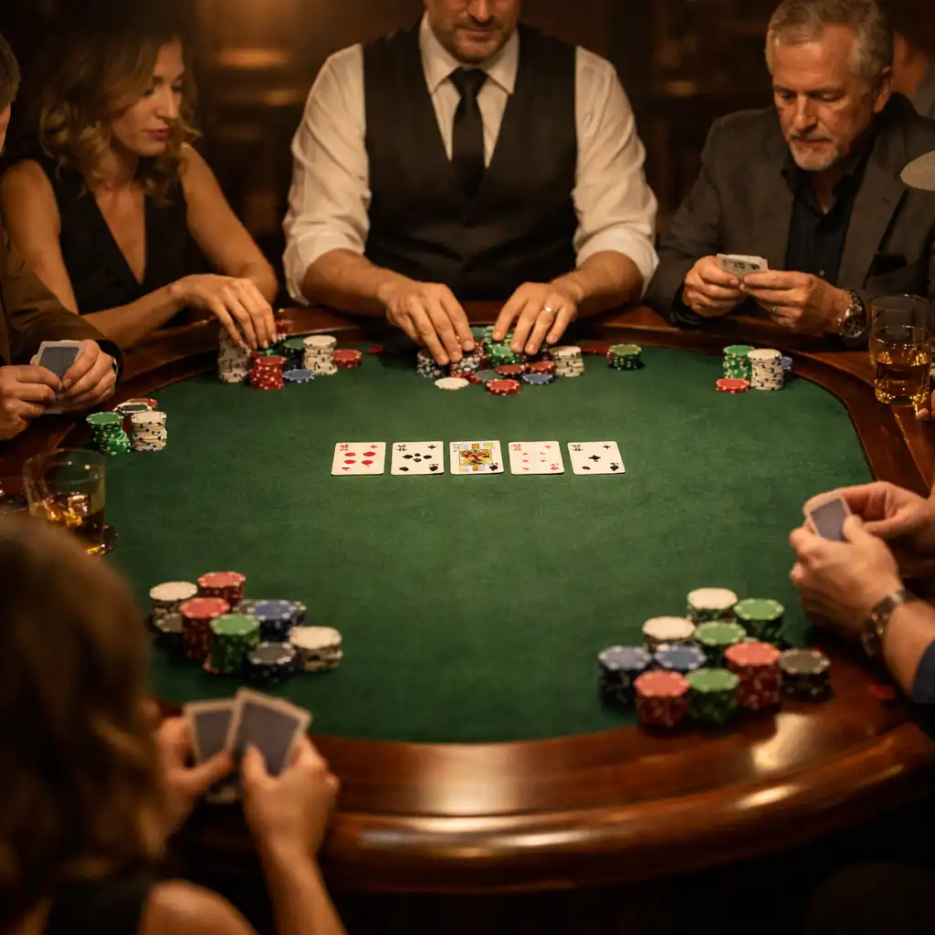 Players seated around a warm, sophisticated Texas Hold’em table at Royal Pavilion Club