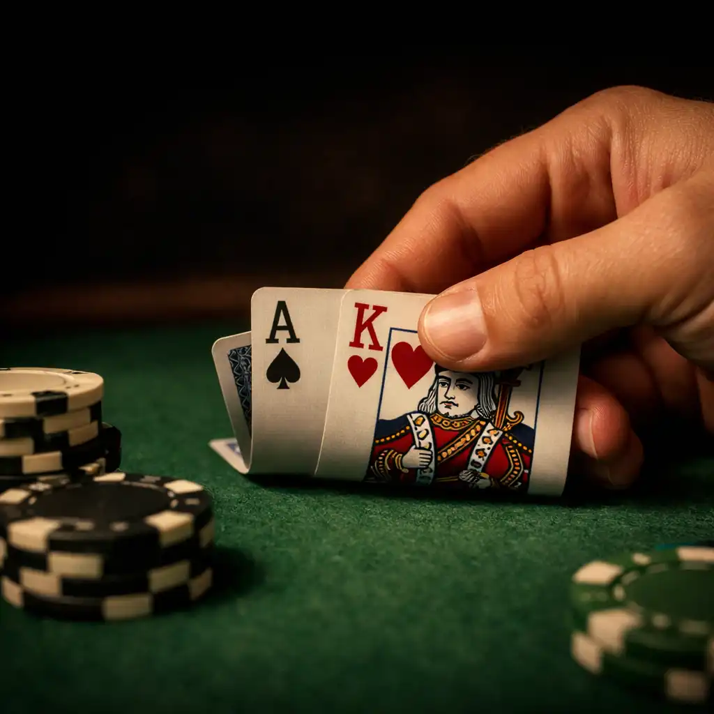 Close-up of a Texas Hold'em game showing a player's hands holding cards and neutral chips on a green felt table