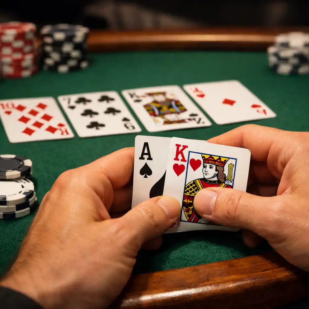Close-up of hands holding cards at a physical Texas Hold’em table