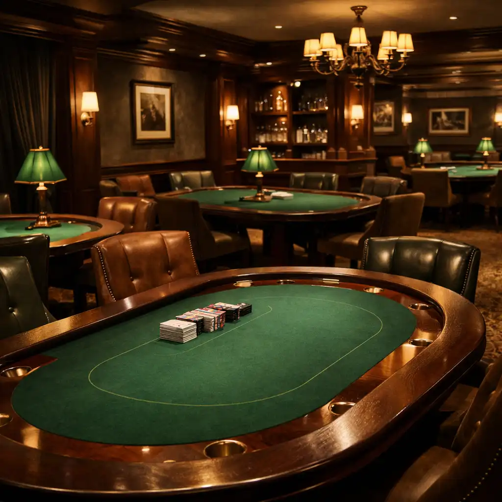 Card Lounge with elegant poker tables and warm lighting